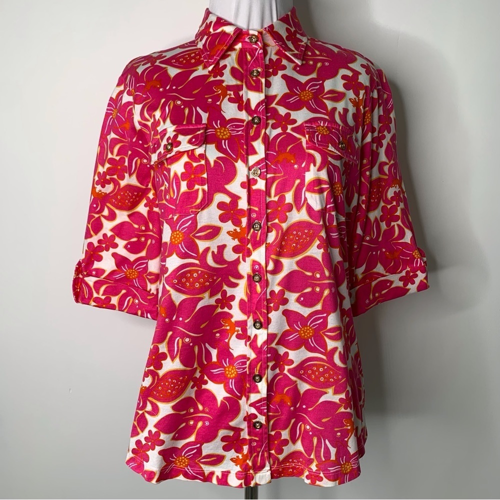 Lilly Pulitzer Women's Floral Button Down Camp Shirt Pink White Size Medium
